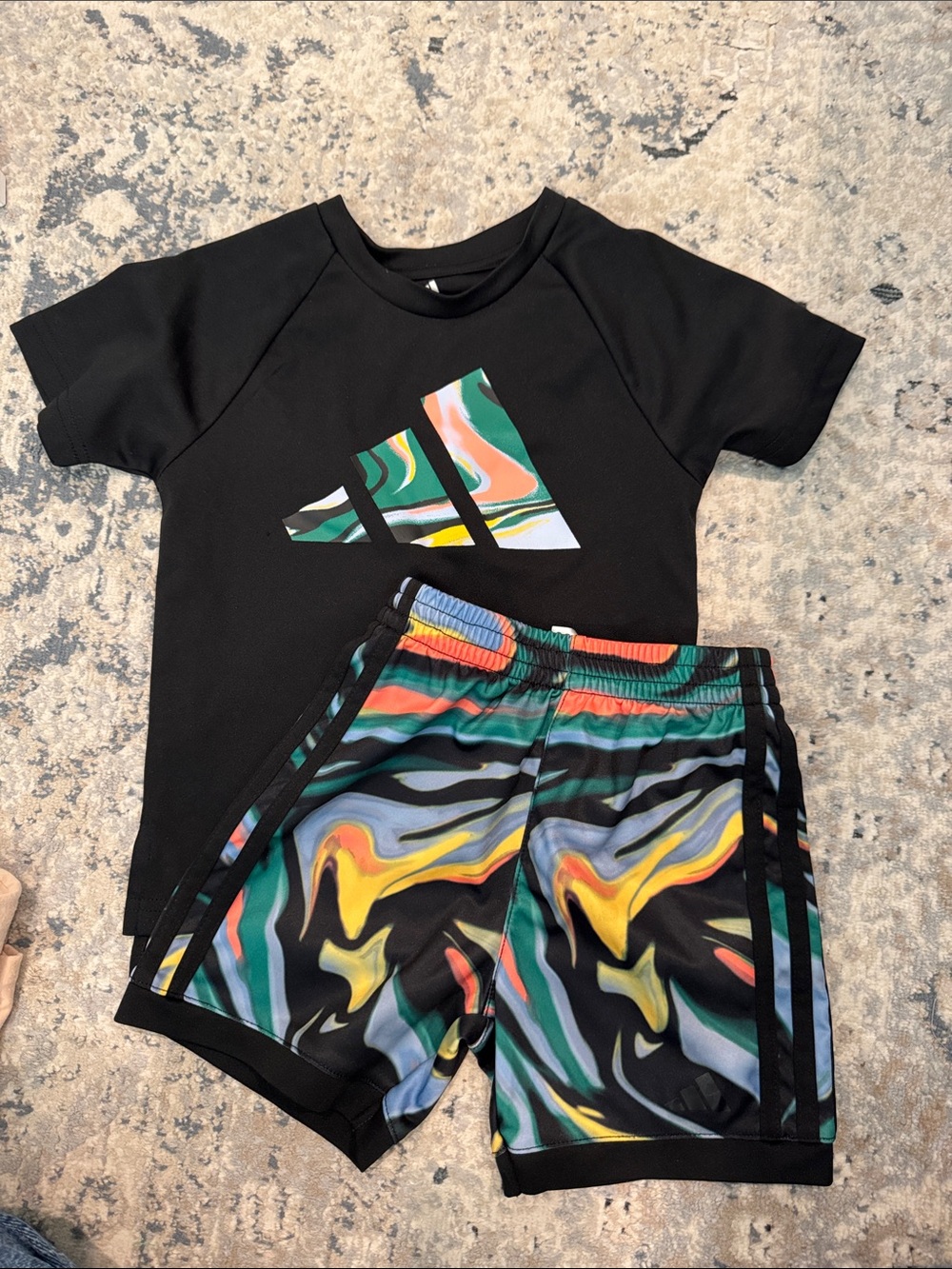 adidas Black Tee with Green and Orange Swirl Graphic